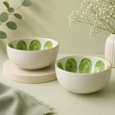 Athena Home Ceramic Bowl Set of 2 | Handpainted Green Olive Dessert & Snack Bowls | Premium Serving Bowls | 400 ml