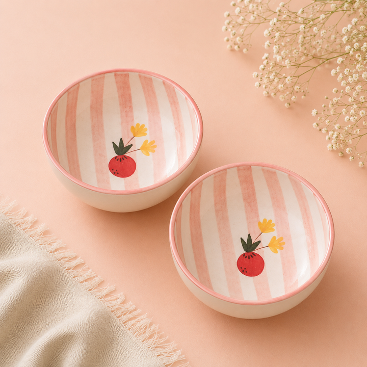 Athena Home Ceramic Bowl Set of 2 | Handpainted Strawberry Dessert & Snack Bowls | Premium Serving Bowls | 400 ml