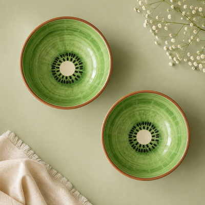 Athena Home Ceramic Bowl Set of 2 | Handpainted Kiwi Dessert & Snack Bowls | Premium Serving Bowls | 400 ml