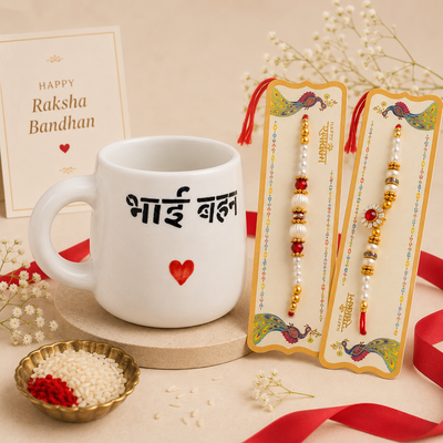 Athena Home Raksha Bandhan Gift Combo | "Bhai Behen" Ceramic Coffee Mug with 2 Designer Rakhis & Greeting Card | Gift Set for Siblings | 300 ml