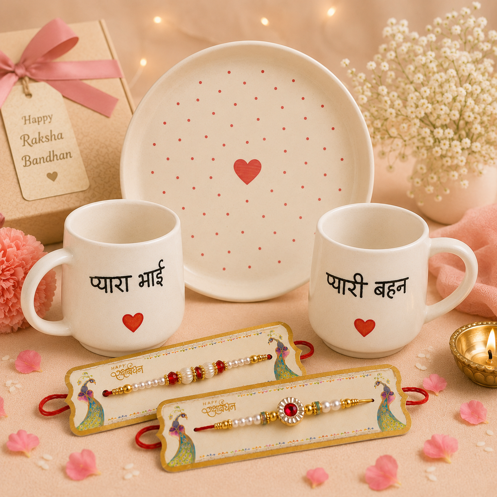 Athena Home Raksha Bandhan Gift Combo | Ceramic Snack Plate, 2 Ceramic Coffee Mugs & 2 Designer Rakhis | Festive Gift Hamper