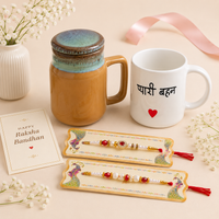 Athena Home Raksha Bandhan Gift Combo | Mustard Yellow Ceramic Mason Jar Mug with Lid, Ceramic Coffee Mug & 2 Designer Rakhis | Festive Gift Hamper
