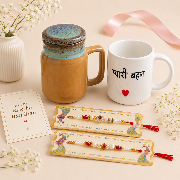Athena Home Raksha Bandhan Gift Combo | Mustard Yellow Ceramic Mason Jar Mug with Lid, Ceramic Coffee Mug & 2 Designer Rakhis | Festive Gift Hamper