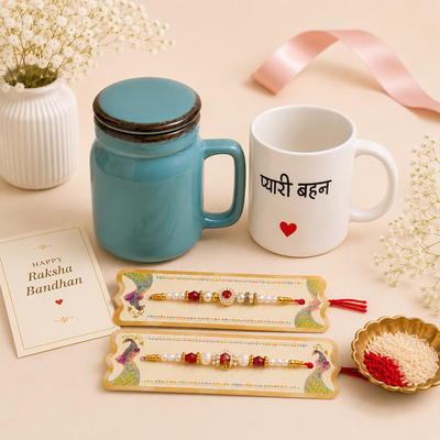 Athena Home Raksha Bandhan Gift Combo | Turquoise Ceramic Mason Jar Mug with Lid, Ceramic Coffee Mug & 2 Designer Rakhis | Festive Gift Hamper