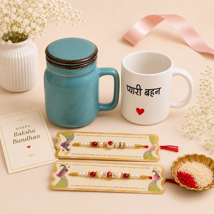 Athena Home Raksha Bandhan Gift Combo | Turquoise Ceramic Mason Jar Mug with Lid, Ceramic Coffee Mug & 2 Designer Rakhis | Festive Gift Hamper