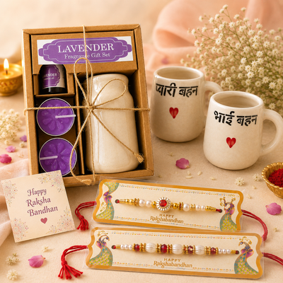 Athena Home Raksha Bandhan Gift Combo | Lavender Fragrance Gift Set, 2 Ceramic Coffee Mugs & 2 Designer Rakhis | Brother Sister Festive Gift Hamper