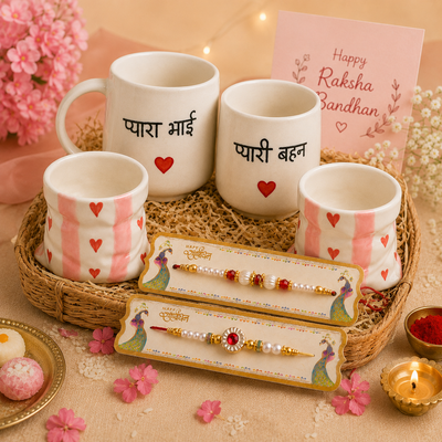 Athena Home Raksha Bandhan Gift Hamper | 2 Ceramic Coffee Mugs, 2 Heart Design Ceramic Cups & 2 Designer Rakhis | Brother Sister Gift Combo