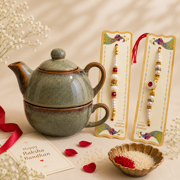 Athena Home Raksha Bandhan Gift Combo | Ceramic Teapot with Cup Set, 2 Designer Rakhis | Tea Gift Set for Brother & Sister