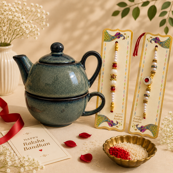 Athena Home Raksha Bandhan Gift Combo | Ceramic Teapot with Cup Set, 2 Designer Rakhis | Tea Gift Set for Brother & Sister