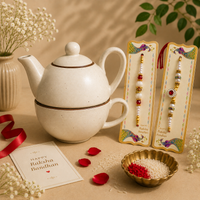 Athena Home Raksha Bandhan Gift Combo | Ceramic Teapot with Cup Set, 2 Designer Rakhis | Ivory Tea Gift Set for Brother & Sister