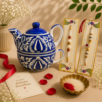 Athena Home Raksha Bandhan Gift Combo | Blue Handpainted Ceramic Teapot with Cup Set, 2 Designer Rakhi | Premium Tea Gift Hamper