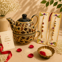 Athena Home Raksha Bandhan Gift Combo | Brown Handpainted Ceramic Teapot with Cup Set, 2 Designer Rakhis | Premium Tea Gift Hamper
