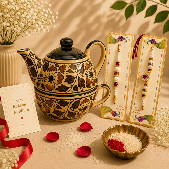 Athena Home Raksha Bandhan Gift Combo | Brown Handpainted Ceramic Teapot with Cup Set, 2 Designer Rakhis | Premium Tea Gift Hamper