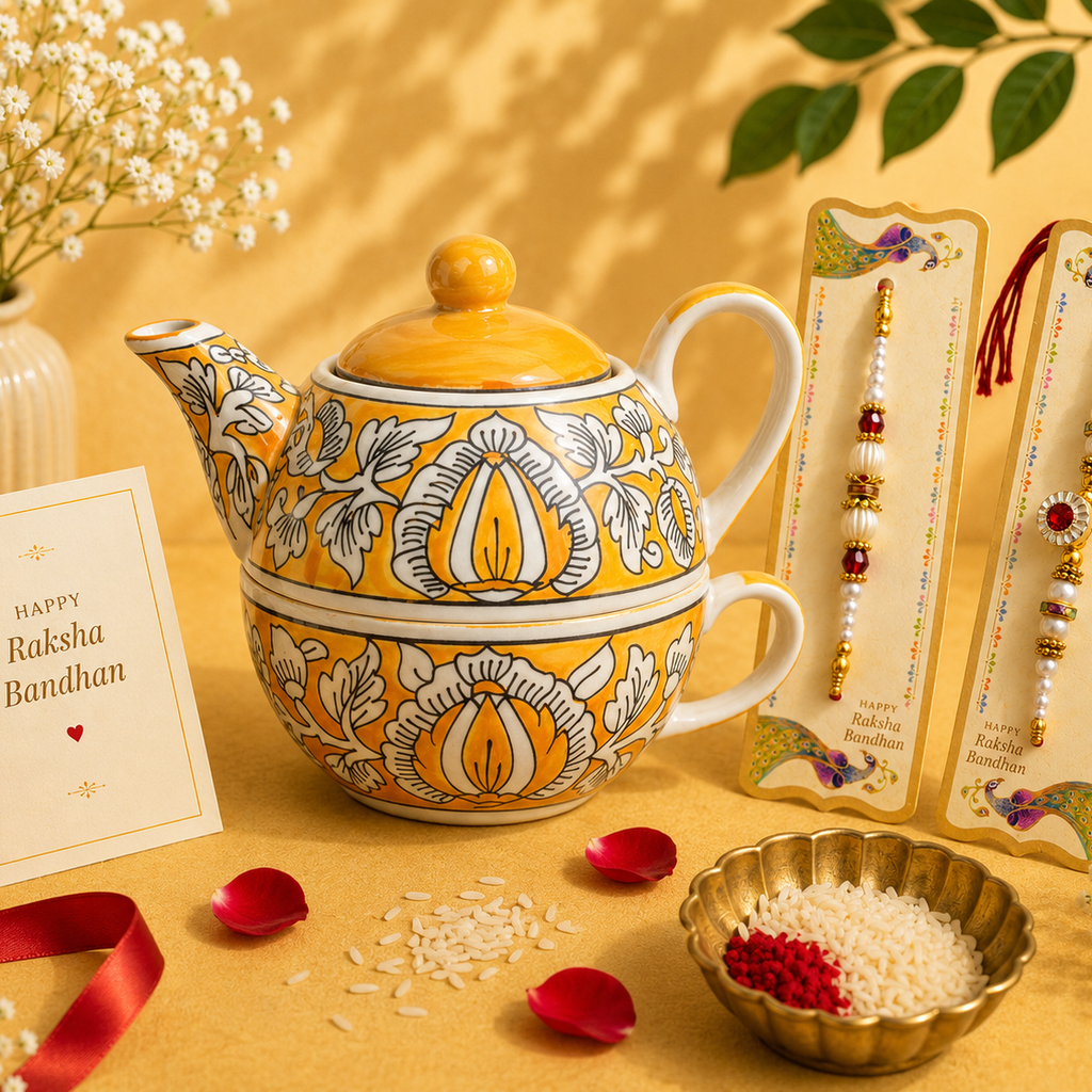 Athena Home Raksha Bandhan Gift Combo | Yellow Handpainted Ceramic Teapot with Cup Set, 2 Designer Rakhis | Premium Tea Gift Hamper