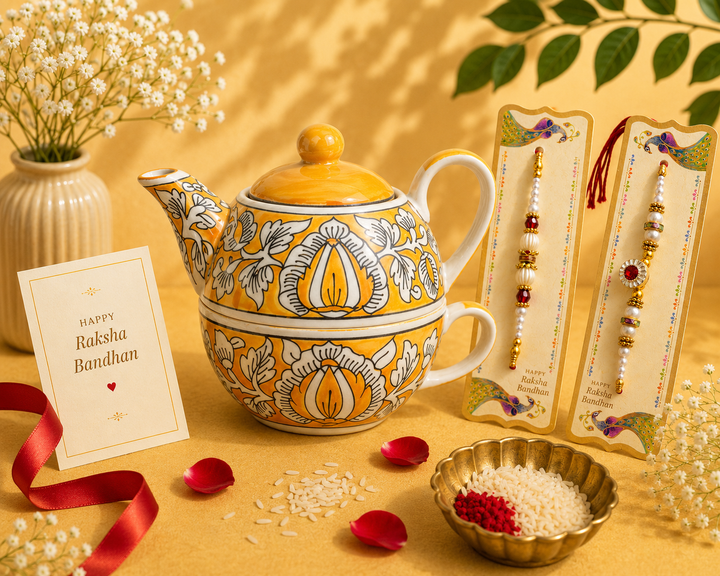 Athena Home Raksha Bandhan Gift Combo | Yellow Handpainted Ceramic Teapot with Cup Set, 2 Designer Rakhis | Premium Tea Gift Hamper