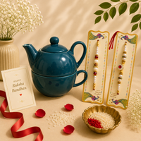 Athena Home Raksha Bandhan Gift Combo | Teal Ceramic Teapot with Cup Set, 2 Designer Rakhis | Premium Tea Gift Hamper