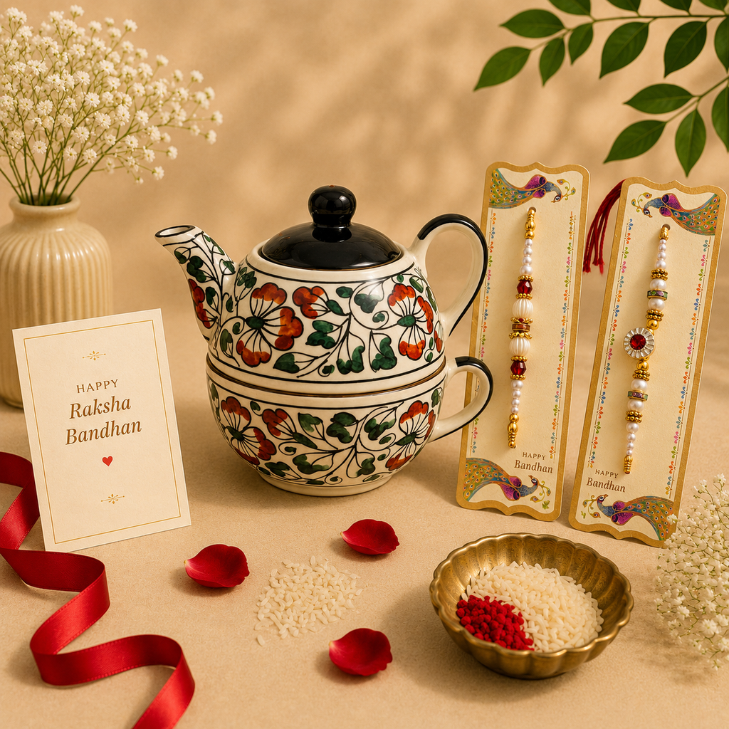 Athena Home Raksha Bandhan Gift Combo | Handpainted Floral Ceramic Teapot with Cup Set, 2 Designer Rakhis | Premium Tea Gift Hamper