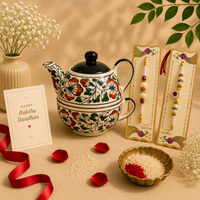 Athena Home Raksha Bandhan Gift Combo | Handpainted Floral Ceramic Teapot with Cup Set, 2 Designer Rakhis | Premium Tea Gift Hamper
