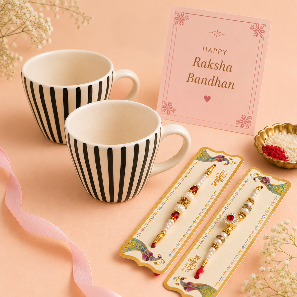 Athena Home Raksha Bandhan Gift Combo | Set of 2 Black Stripe Ceramic Coffee Mugs with 2 Designer Rakhis | Festive Gift Hamper