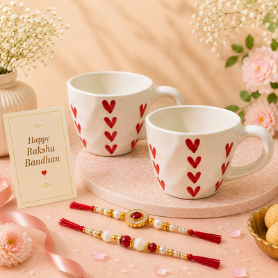 Athena Home Raksha Bandhan Gift Combo | Set of 2 Heart Print Ceramic Coffee Mugs with 2 Designer Rakhis | Festive Gift Hamper
