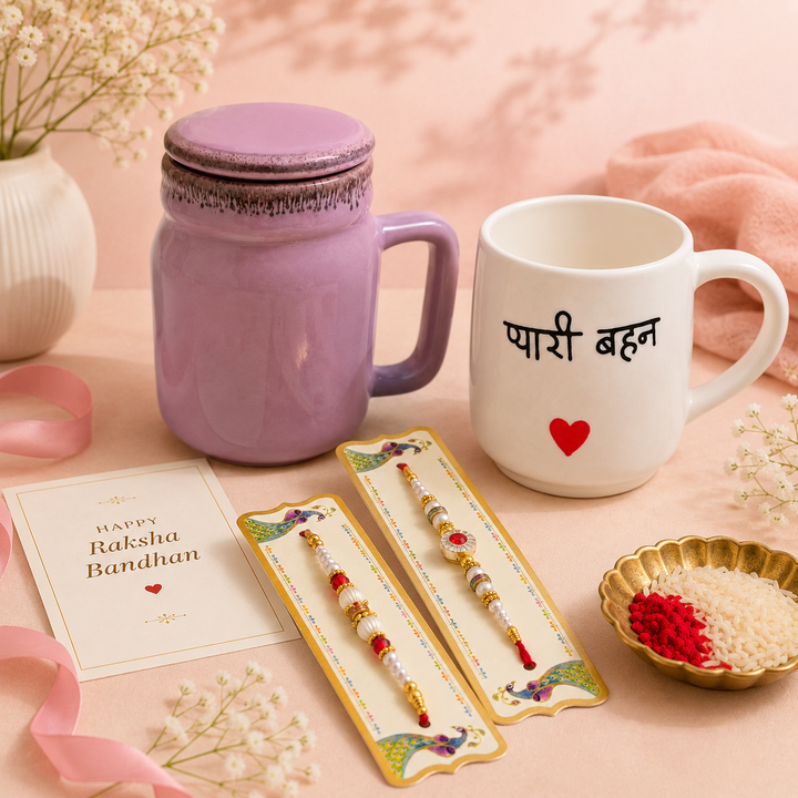 Athena Home Raksha Bandhan Gift Combo | Baby Pink Ceramic Mason Jar Mug with Lid, Ceramic Coffee Mug & 2 Designer Rakhis | Festive Gift Hamper
