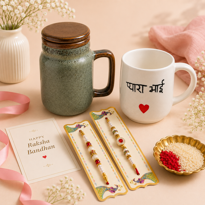 Athena Home Raksha Bandhan Gift Combo | Black Stone Ceramic Mason Jar Mug with Lid, Ceramic Coffee Mug & 2 Designer Rakhis | Festive Gift Hamper