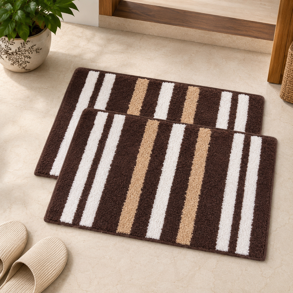 Athena Home Ultra Soft Microfiber Bath Mat Set of 2 | Anti-Skid, Super Absorbent & Quick Dry Bathroom Floor Mats | Brown Striped