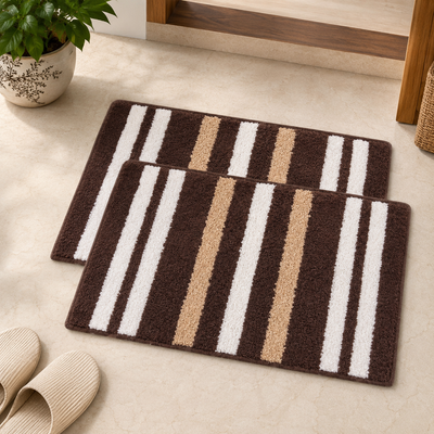 Athena Home Ultra Soft Microfiber Bath Mat Set of 2 | Anti-Skid, Super Absorbent & Quick Dry Bathroom Floor Mats | Brown Striped