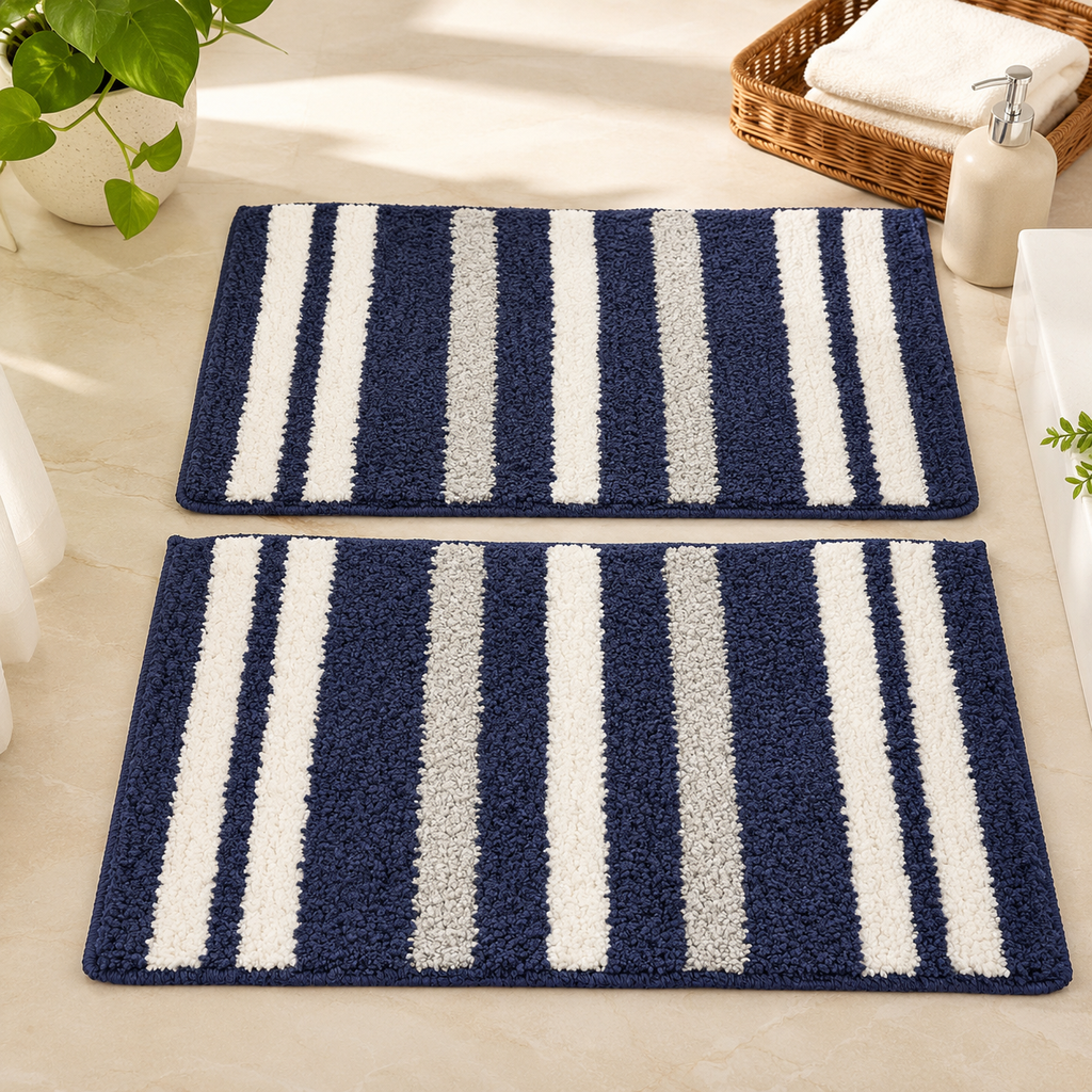 Athena Home Ultra Soft Microfiber Bath Mat Set of 2 | Anti-Skid, Super Absorbent & Quick Dry Bathroom Floor Mats | Navy Blue Striped