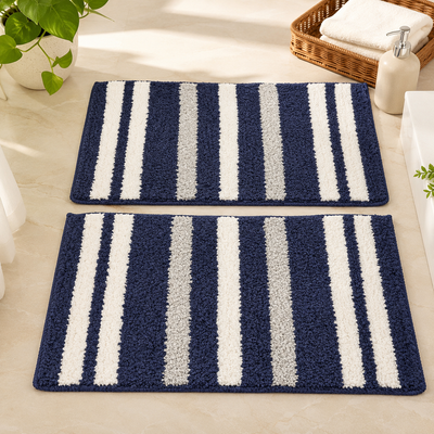 Athena Home Ultra Soft Microfiber Bath Mat Set of 2 | Anti-Skid, Super Absorbent & Quick Dry Bathroom Floor Mats | Navy Blue Striped