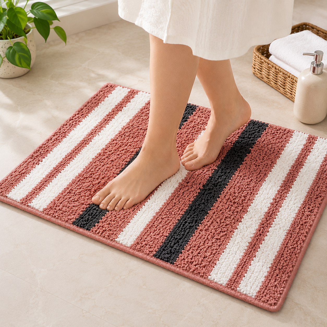 Athena Home Ultra Soft Microfiber Bath Mat Set of 2 | Anti-Skid, Super Absorbent & Quick Dry Bathroom Floor Mats | Pink Striped