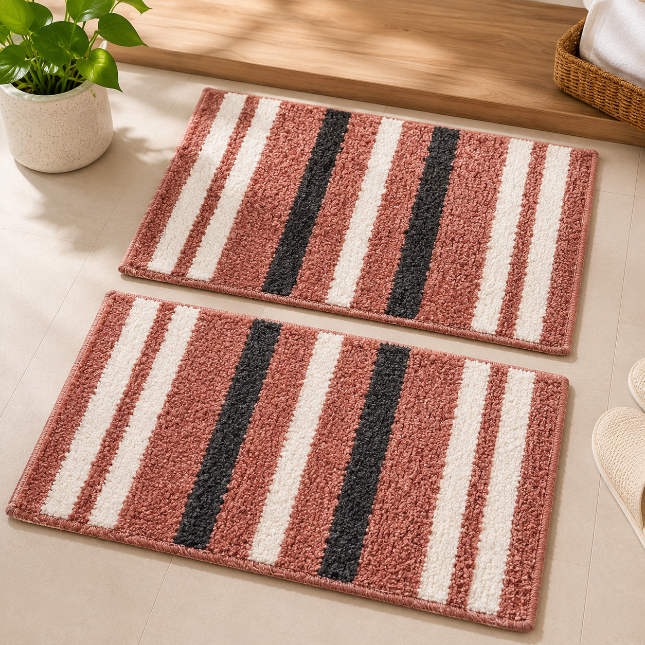 Athena Home Ultra Soft Microfiber Bath Mat Set of 2 | Anti-Skid, Super Absorbent & Quick Dry Bathroom Floor Mats | Pink Striped