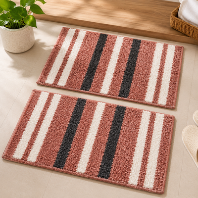 Athena Home Ultra Soft Microfiber Bath Mat Set of 2 | Anti-Skid, Super Absorbent & Quick Dry Bathroom Floor Mats | Pink Striped