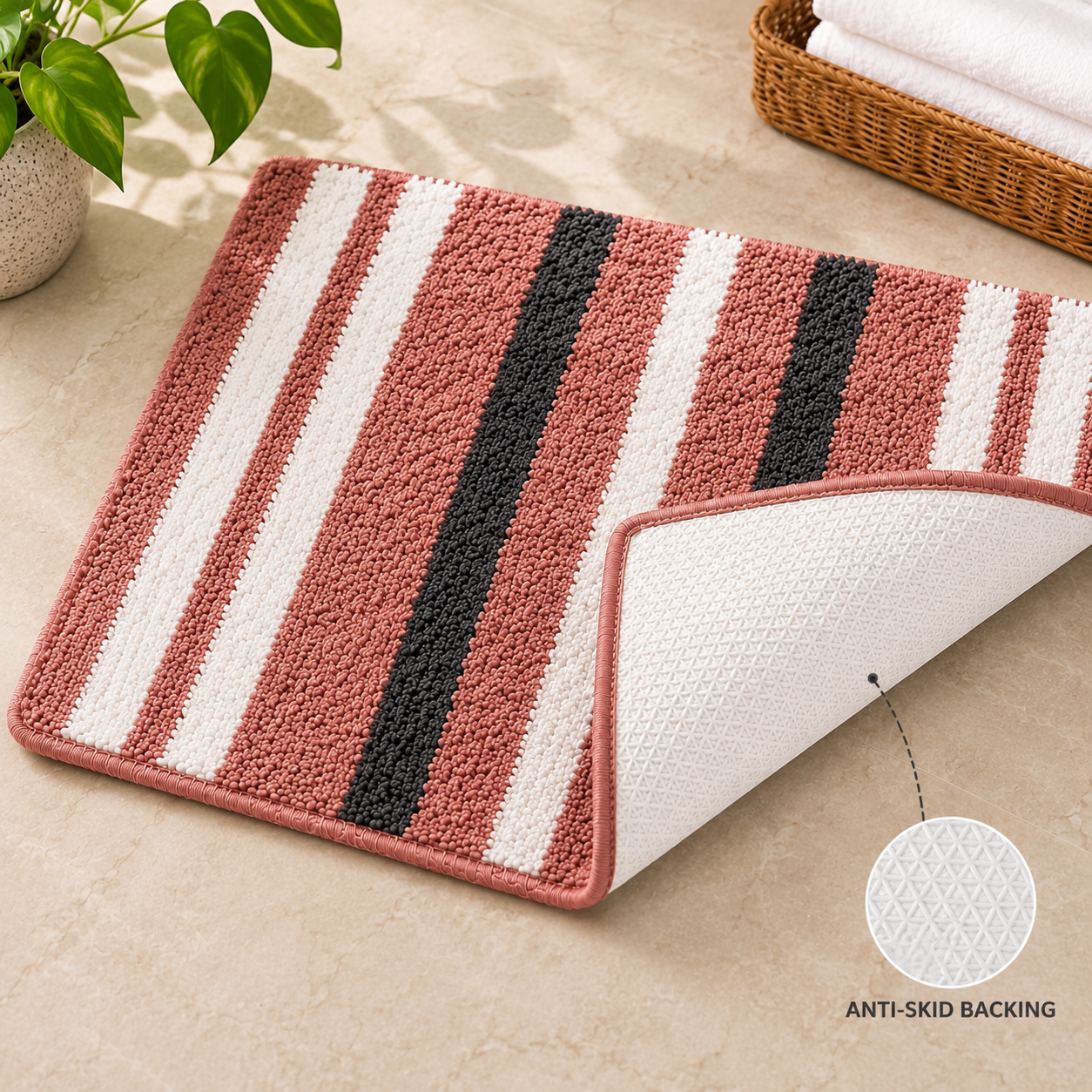Athena Home Ultra Soft Microfiber Bath Mat Set of 2 | Anti-Skid, Super Absorbent & Quick Dry Bathroom Floor Mats | Pink Striped