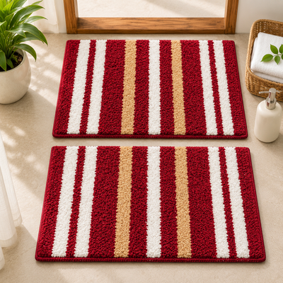 Athena Home Ultra Soft Microfiber Bath Mat Set of 2 | Anti-Skid, Super Absorbent & Quick Dry Bathroom Floor Mats | Red Striped