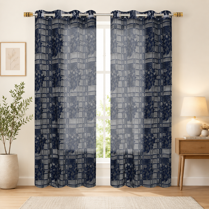 Athena Home Sheer Window Curtains Set of 2 | Floral Printed Transparent Curtains with Eyelet Rings | Navy Blue | 7 Feet