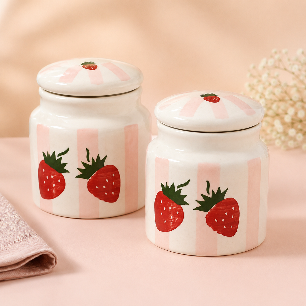 Athena Home Ceramic Airtight Storage Jar Set of 2 | Hand-Painted Strawberry Kitchen Canisters with Lid