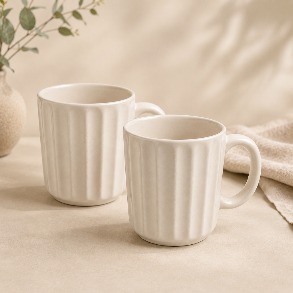 Athena Home Ribbed White Ceramic Coffee Mug Set of 2 | 300 ml