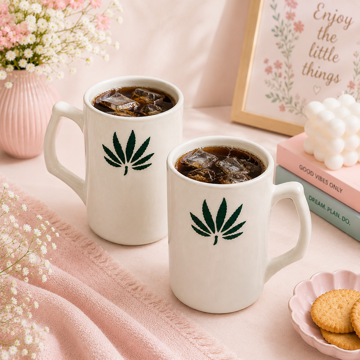 Athena Home Leaf Print Ceramic Mug Set of 2 | 500 ml