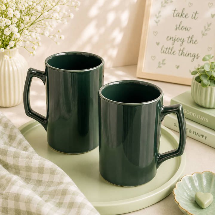 Athena Home Dark Green Ceramic Mug Set of 2 | 500 ml