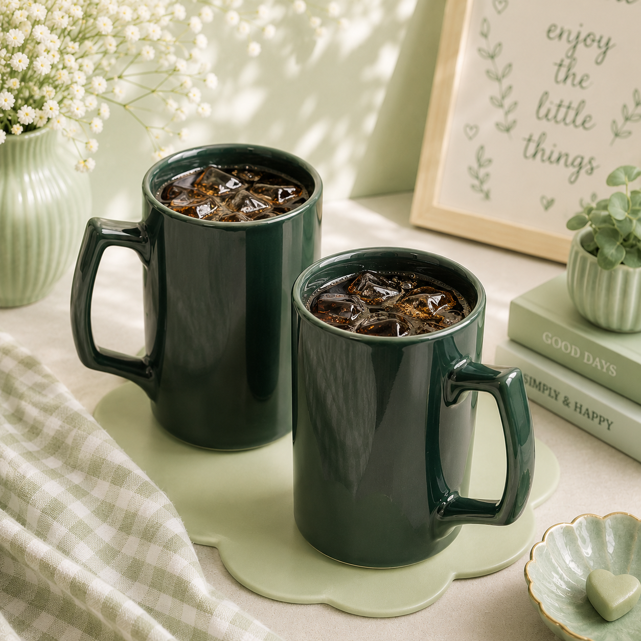 Athena Home Dark Green Ceramic Mug Set of 2 | 500 ml
