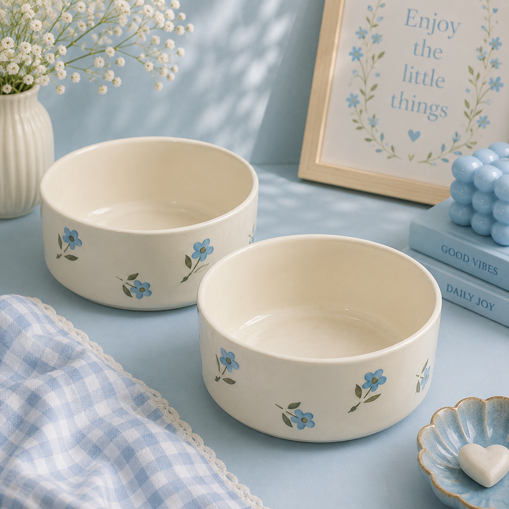 Athena Home Blue Floral Ceramic Bowl Set of 2 | 700 ml