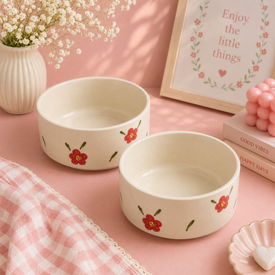 Athena Home Red Floral Ceramic Bowl Set of 2 |   700 ml each
