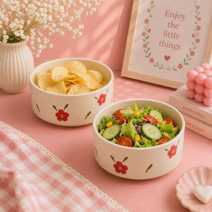 Athena Home Red Floral Ceramic Bowl Set of 2 |   700 ml each
