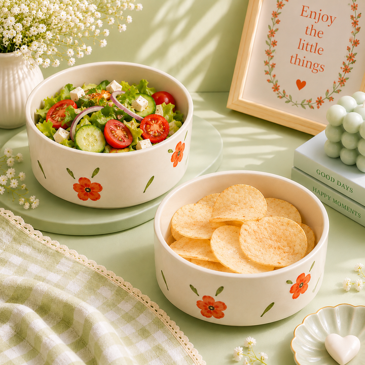 Athena Home Orange Floral Ceramic Bowl Set of 2 | 700 ml