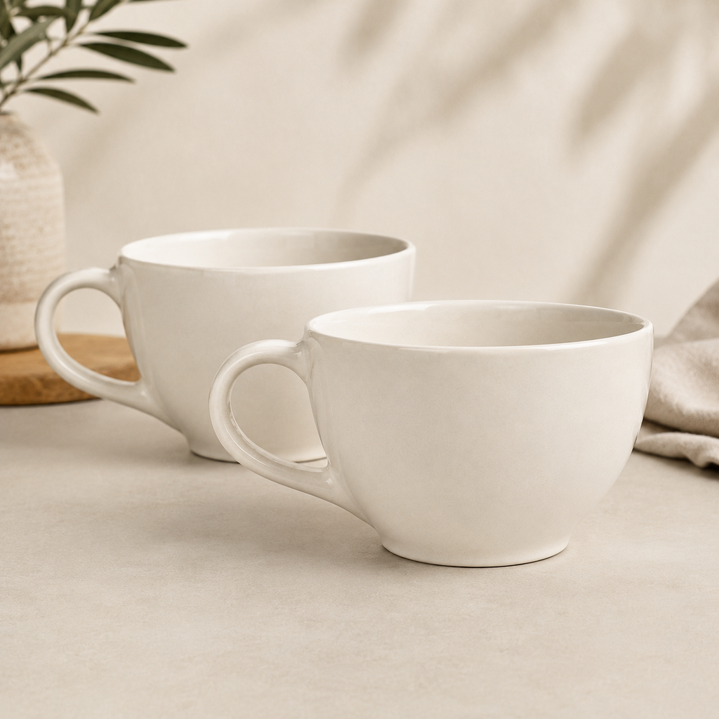 Athena Home Ceramic Coffee Cups Set of 2 | White | 300 ml