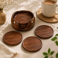 Athena Home Sheesham Wooden Coaster Set with Holder | Set of 6 Drink Coasters | Table Protection