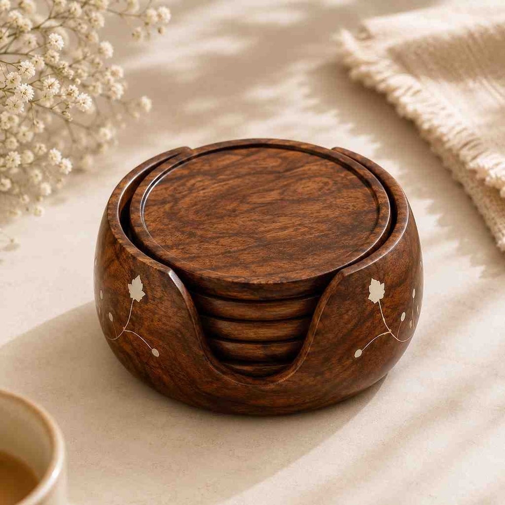 Athena Home Sheesham Wooden Coaster Set with Holder | Set of 6 Drink Coasters | Table Protection