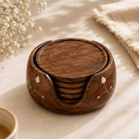 Athena Home Sheesham Wooden Coaster Set with Holder | Set of 6 Drink Coasters | Table Protection