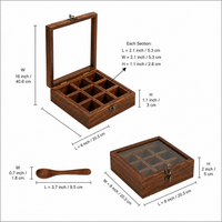 Athena Home Sheesham Wooden Spice Box with Spoon | 9 Compartments | Glass Lid | Removable Partitions